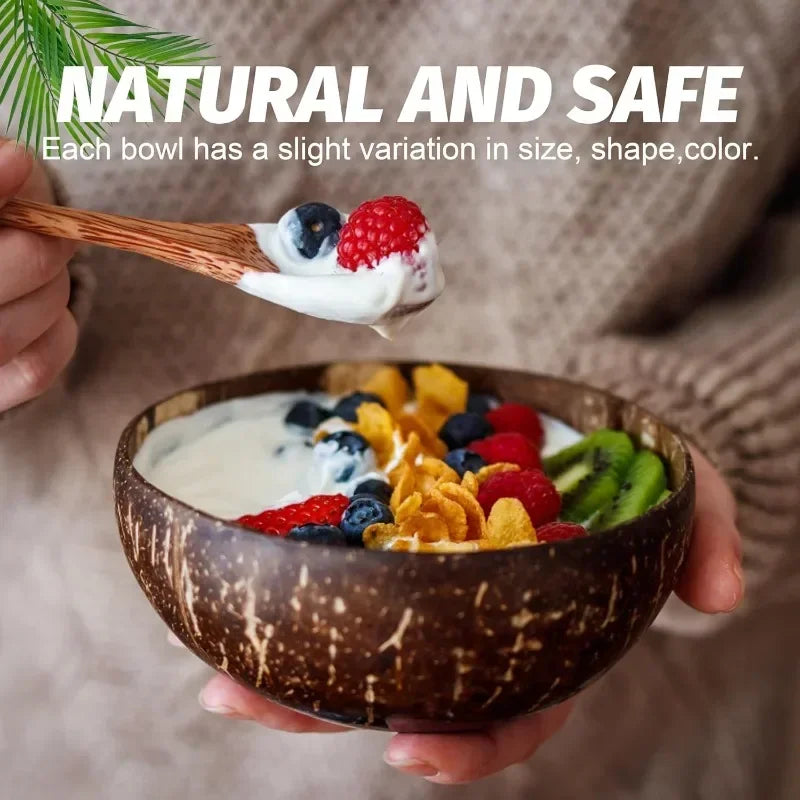 Natural Coconut Bowls 1/2/3/5PCS, Wooden, Eco-friendly, Stylish Tableware with Spoon Dessert Fruit Salad Yogurt Coconut Bowl Home Kitchen Supplies