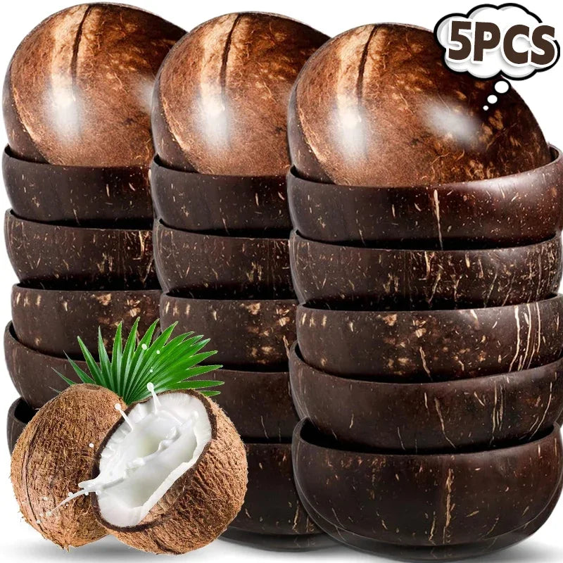 Natural Coconut Bowls 1/2/3/5PCS, Wooden, Eco-friendly, Stylish Tableware with Spoon Dessert Fruit Salad Yogurt Coconut Bowl Home Kitchen Supplies