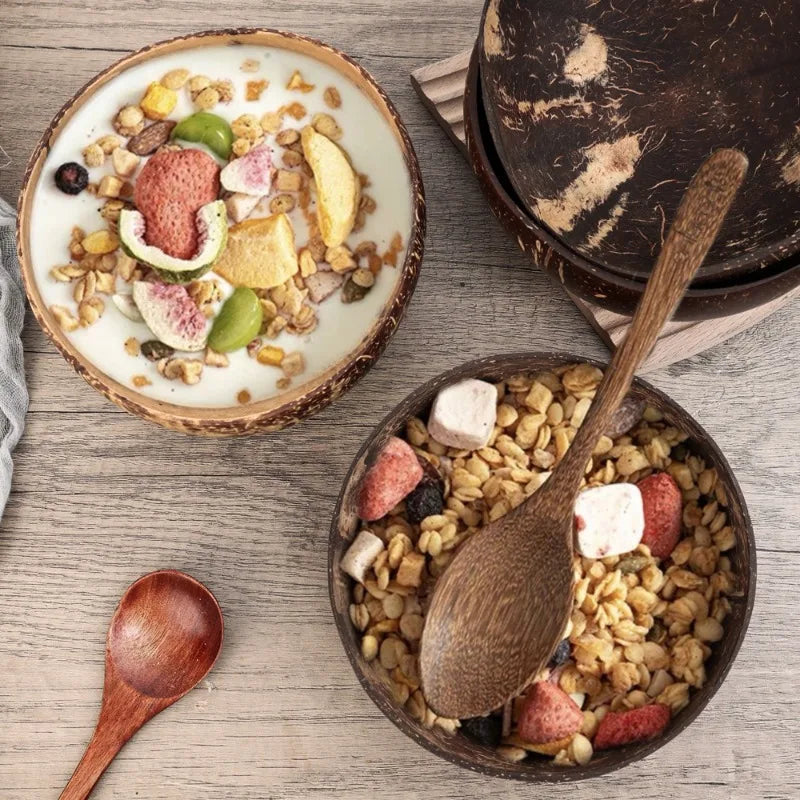 Natural Coconut Bowls 1/2/3/5PCS, Wooden, Eco-friendly, Stylish Tableware with Spoon Dessert Fruit Salad Yogurt Coconut Bowl Home Kitchen Supplies