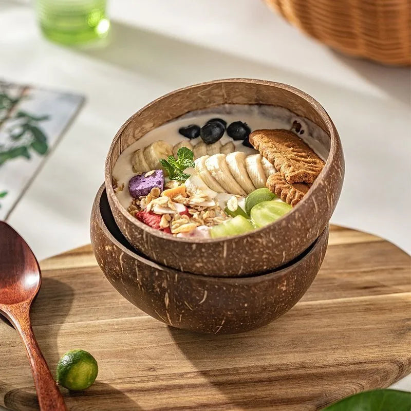 Natural Coconut Bowls 1/2/3/5PCS, Wooden, Eco-friendly, Stylish Tableware with Spoon Dessert Fruit Salad Yogurt Coconut Bowl Home Kitchen Supplies